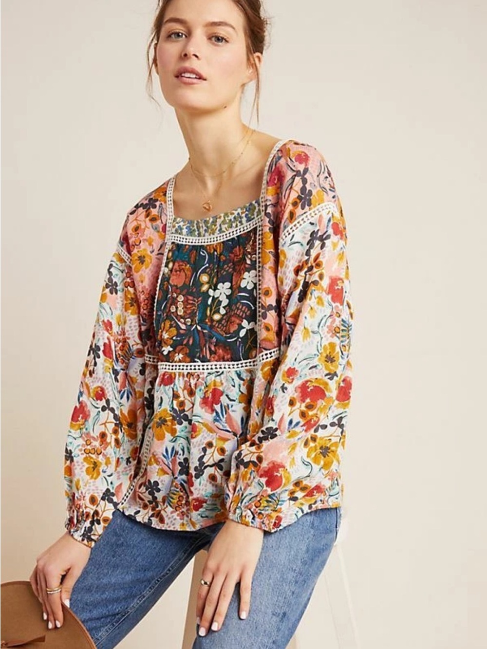 Anthropologie Maeve Nikki Peasant Blouse Floral Print Panel Top Size Large